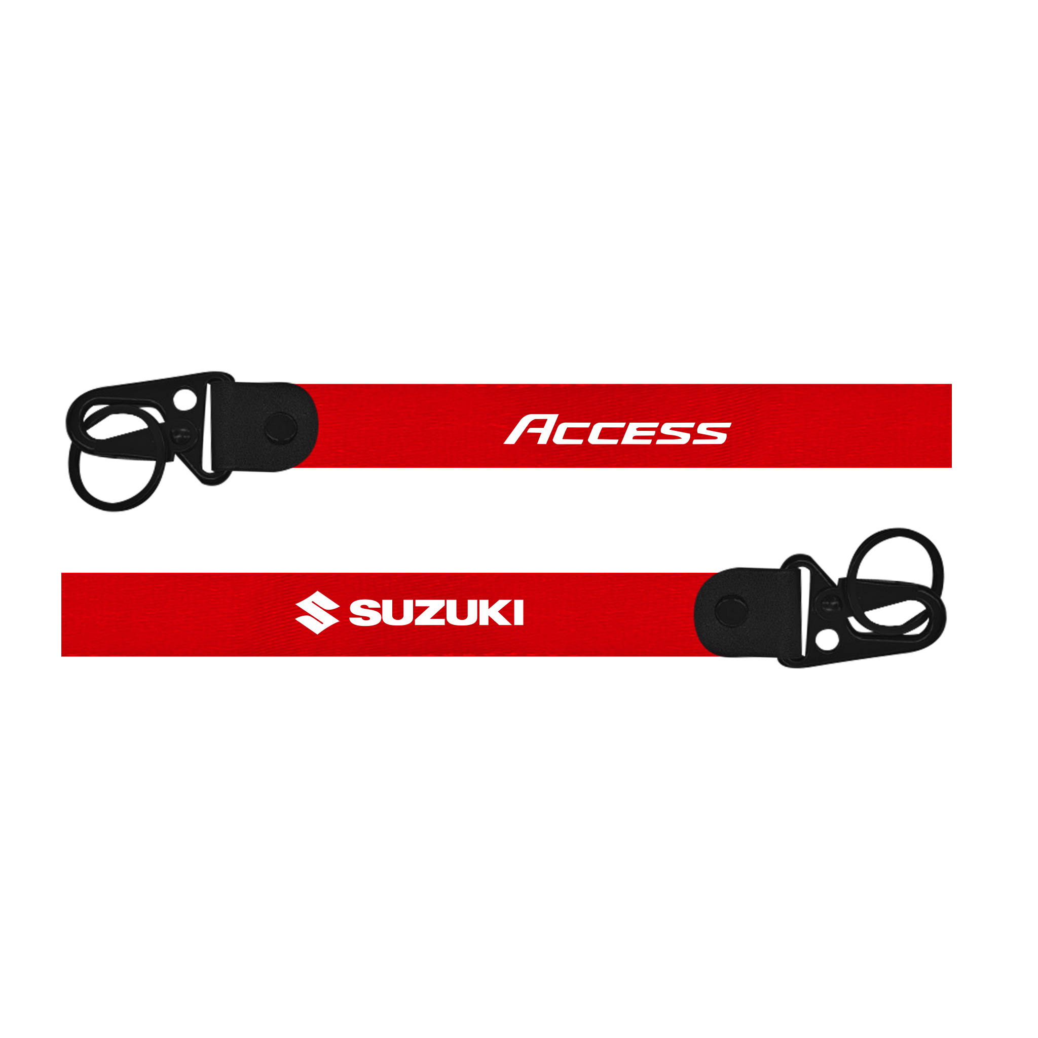 Two red lanyards with 'Access' and 'Suzuki' branding on a white background