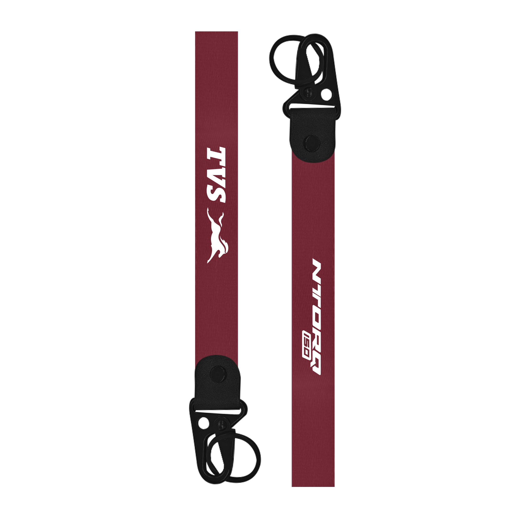 Two red lanyards with black hooks, featuring 'TVS' and 'NTORQ 150' branding on a white background.
