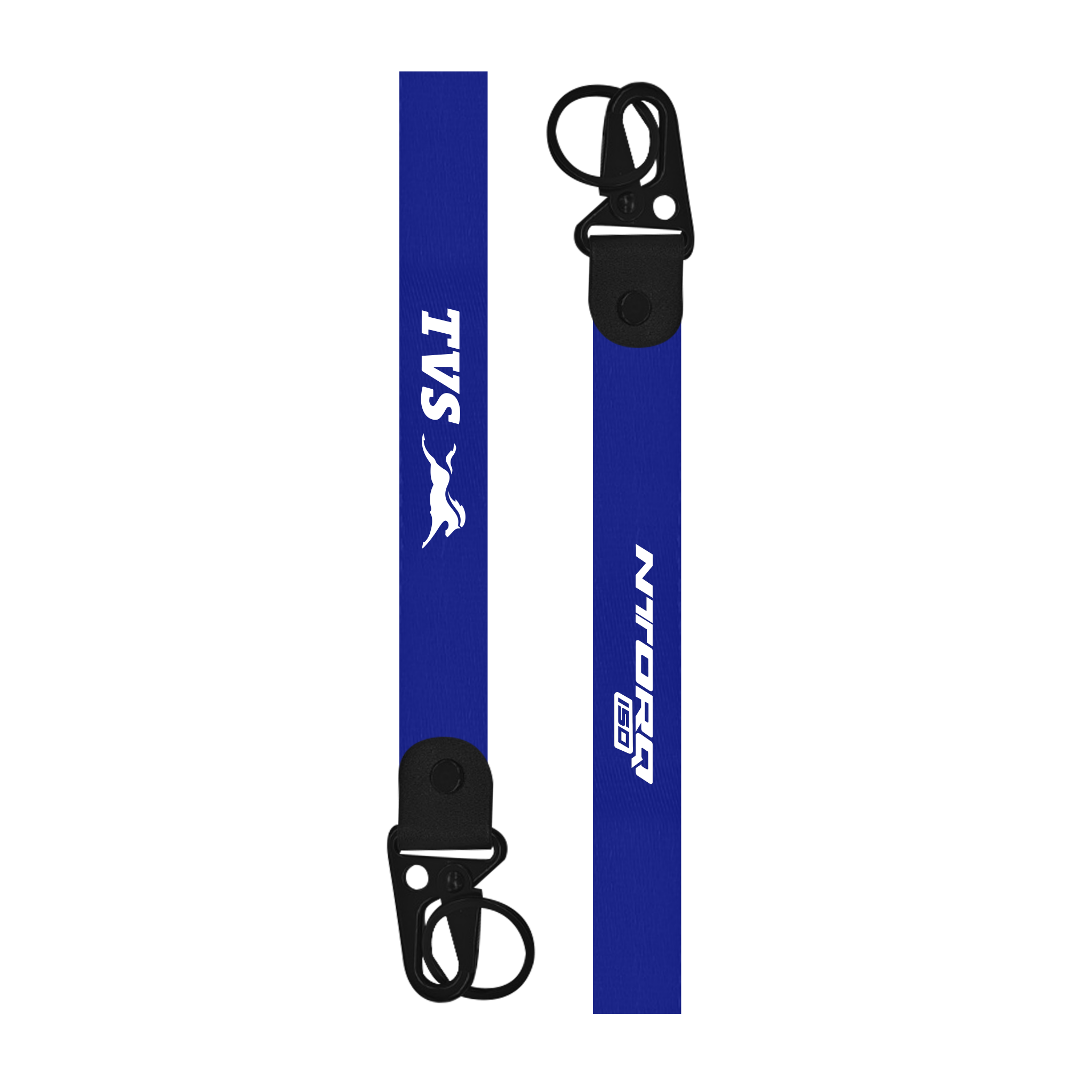 Two blue lanyards with black buckles featuring TVS and Ntorq logos on a white background.