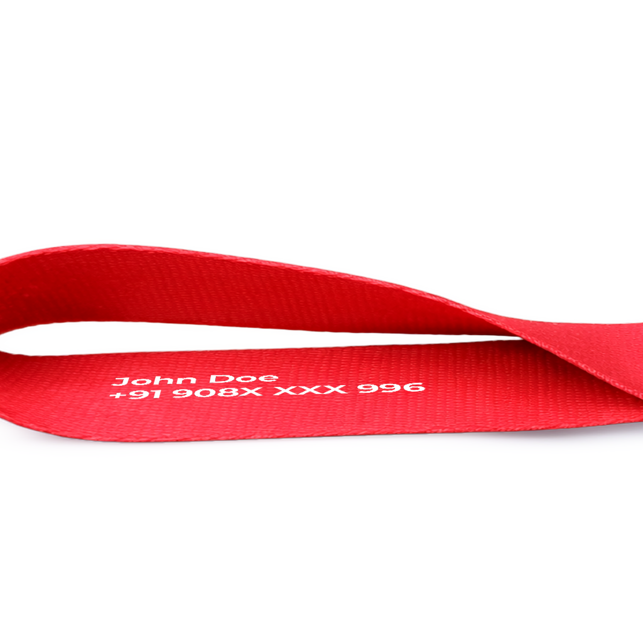 Custom Red lanyard with printed name and phone number on a white background