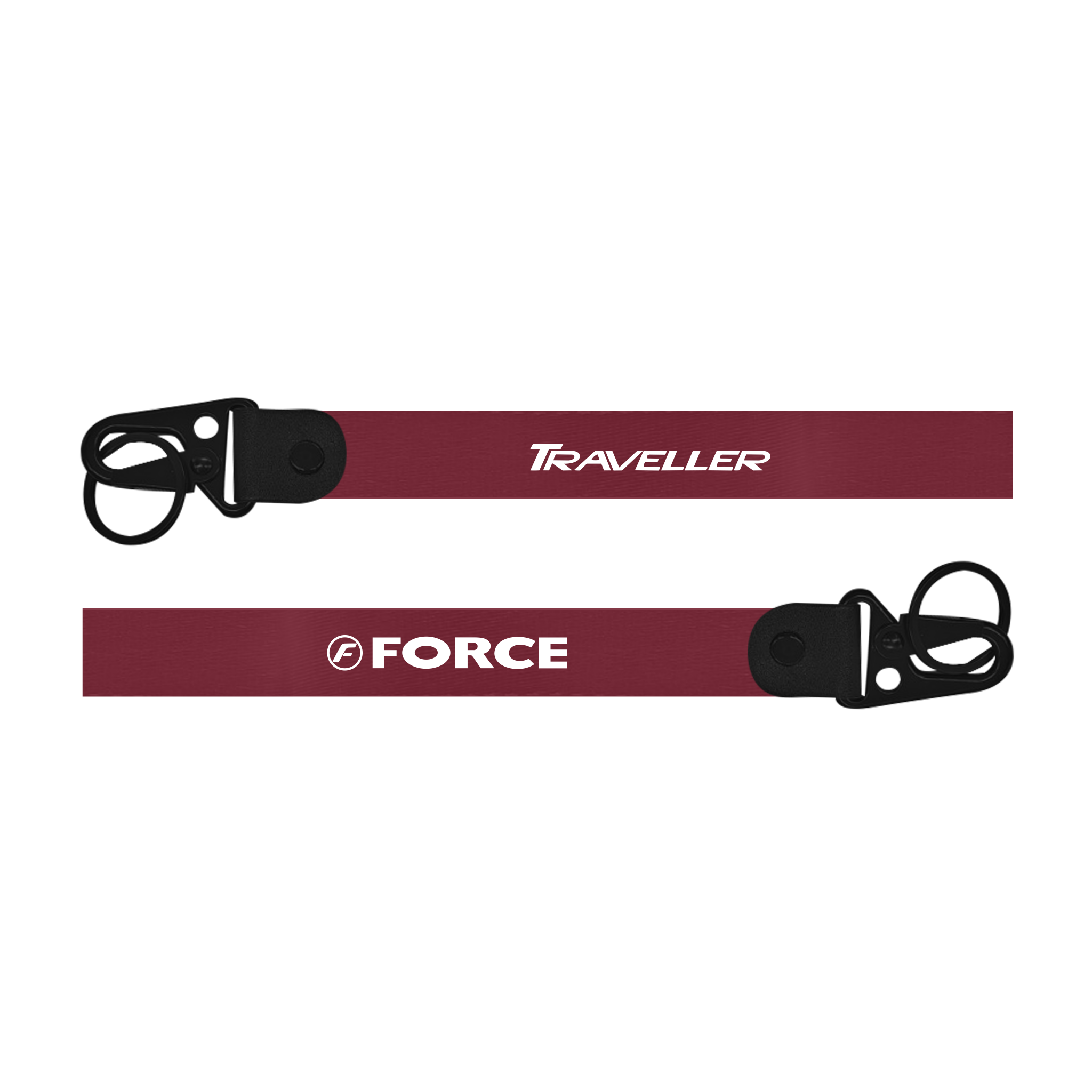 Two maroon lanyards with 'Traveller' and 'Force' branding on a white background