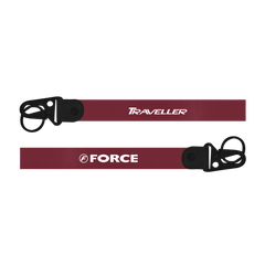 Two maroon lanyards with 'Traveller' and 'Force' branding on a white background