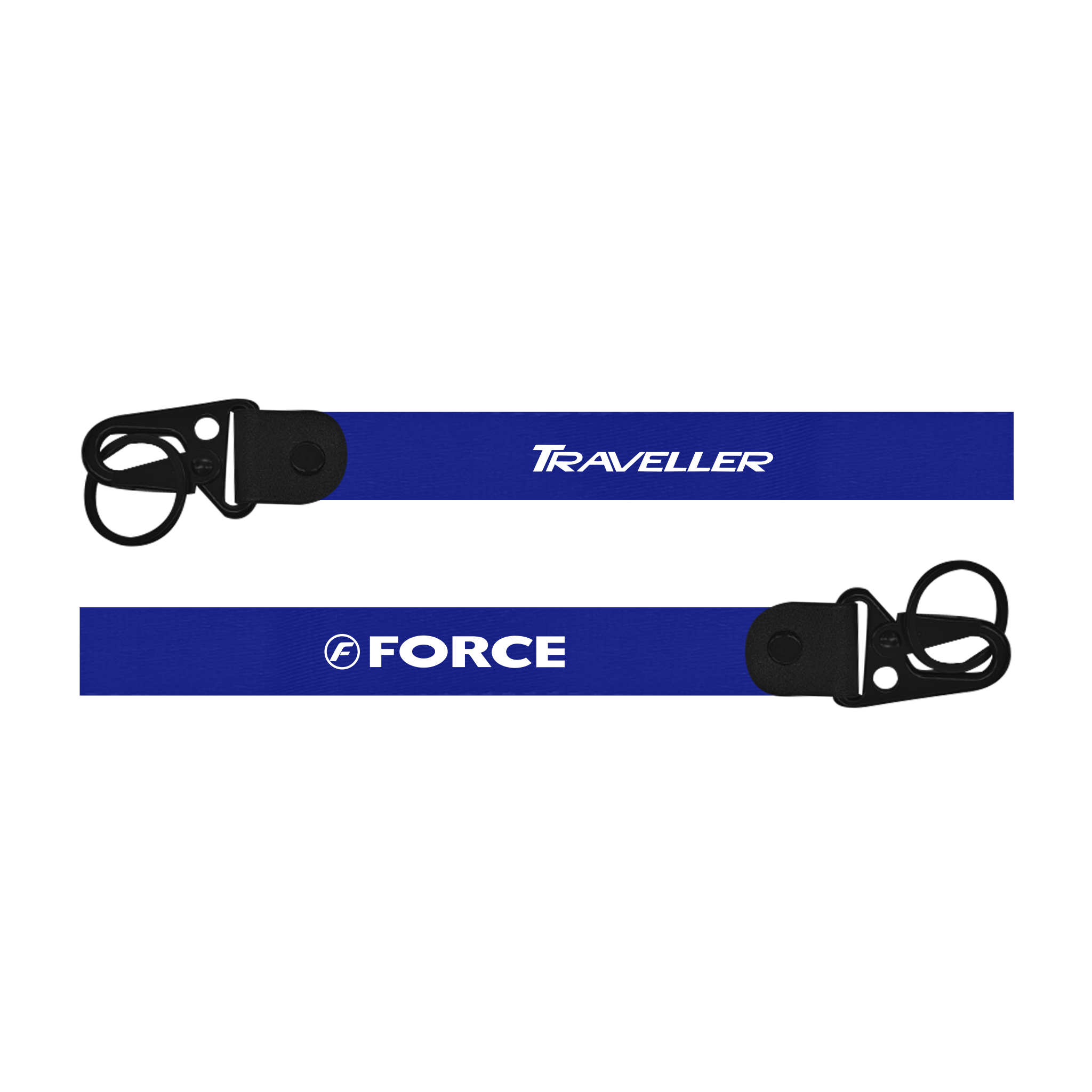 Two blue lanyards with 'Traveller' and 'Force' branding on a white background