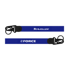 Two blue lanyards with 'Traveller' and 'Force' branding on a white background
