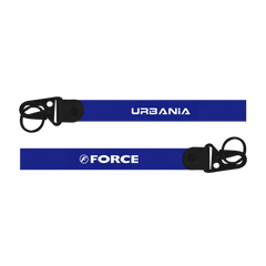 Two blue lanyards with 'Urbania' and 'Force' branding on a white background