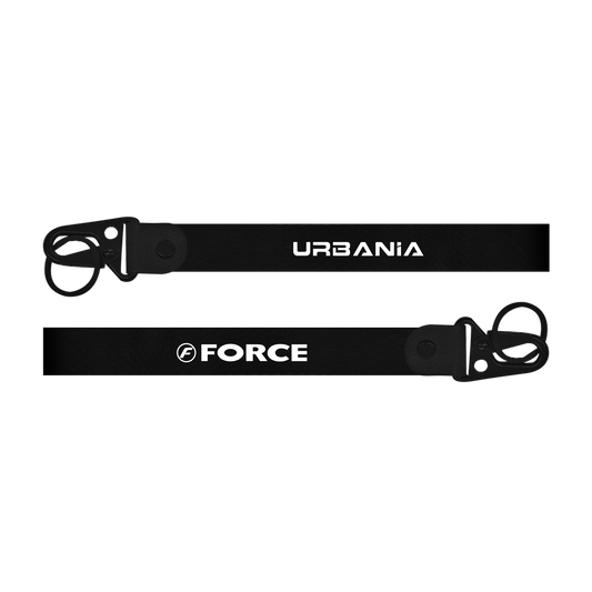 Two black lanyards with 'Urbania' and 'Force' branding on a white background