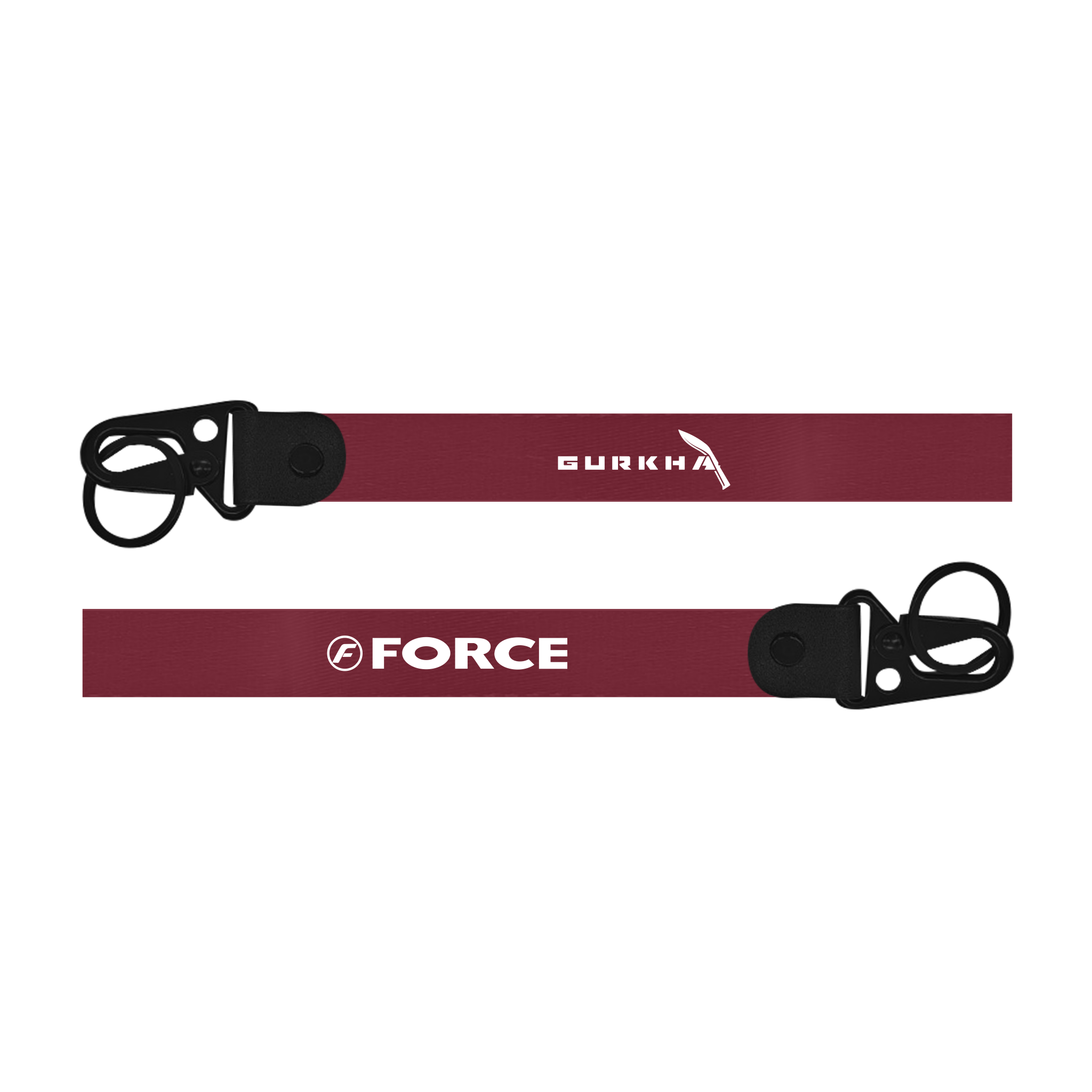 Maroon lanyard with black ends featuring 'Gurkha' and 'Force' logos on a white background.