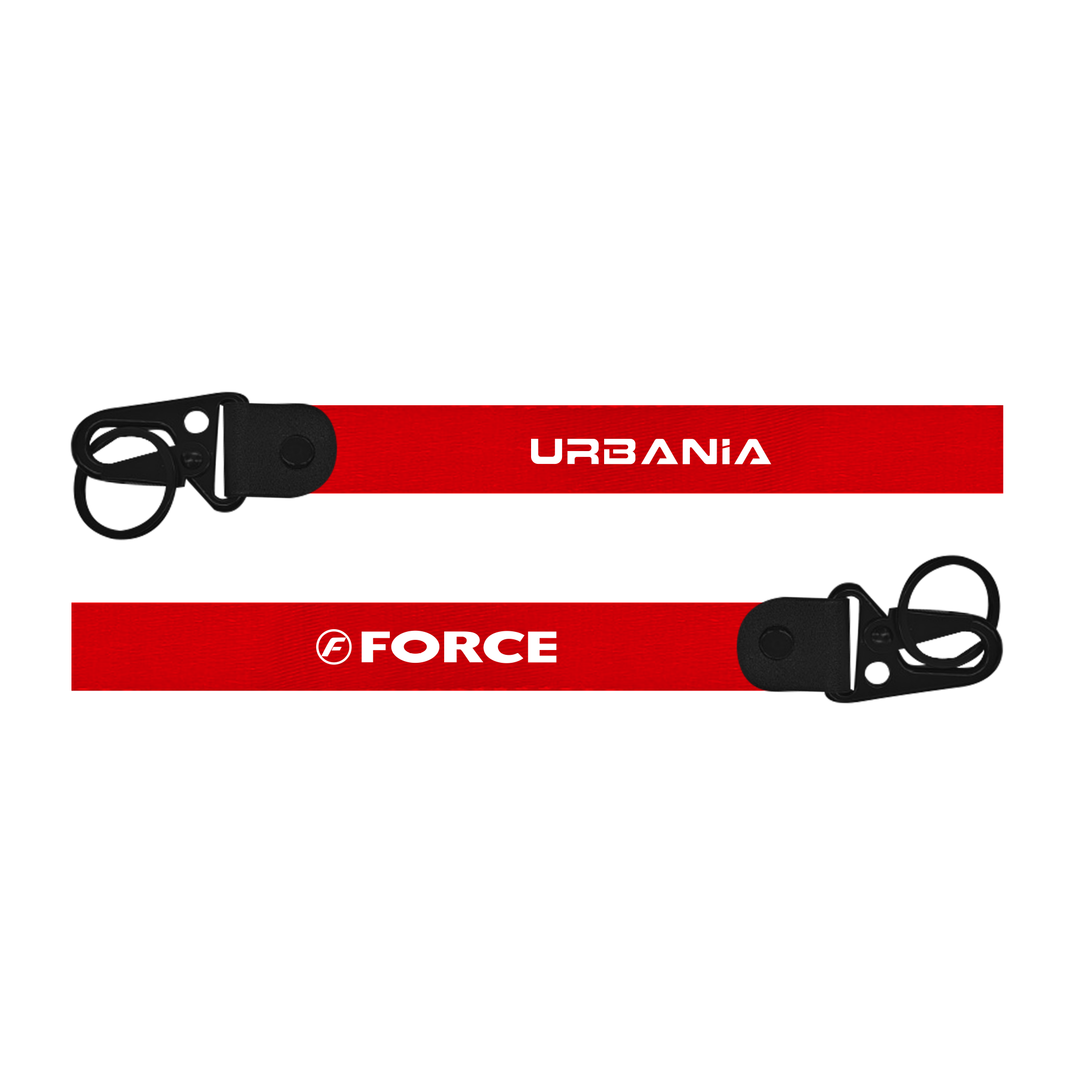 Two red lanyards with 'Urbania' and 'Force' branding on a white background