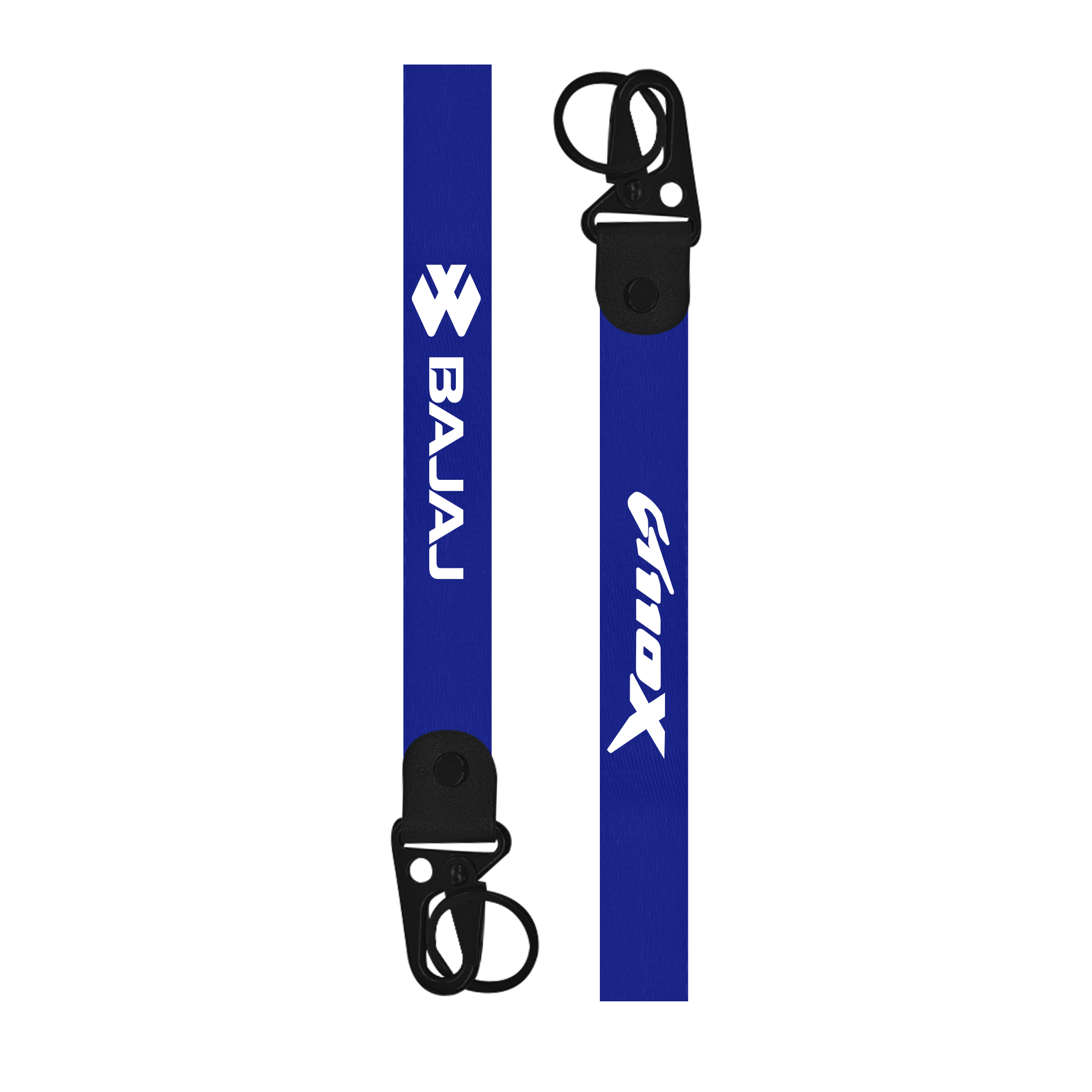 Two blue lanyards with 'AnroX' and 'Bajaj' logos on a white background