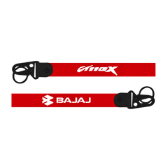 Red lanyard with Amiox and Bajaj logos on a white background