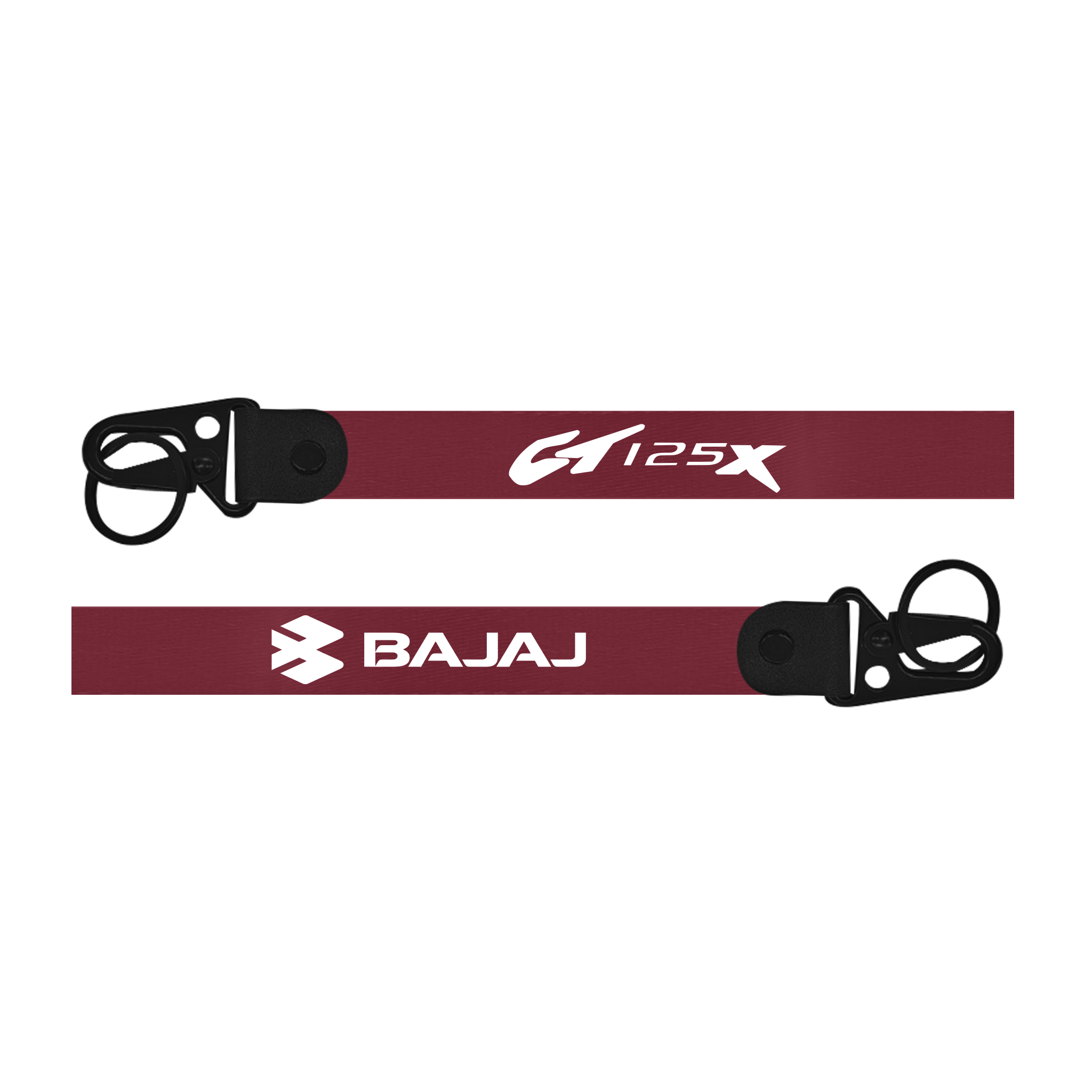 Maroon lanyard with 'G125X' and 'Bajaj' branding on a white background