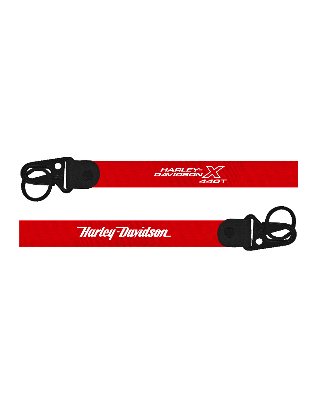 Red lanyard with black clip featuring Harley-Davidson logo on a white background