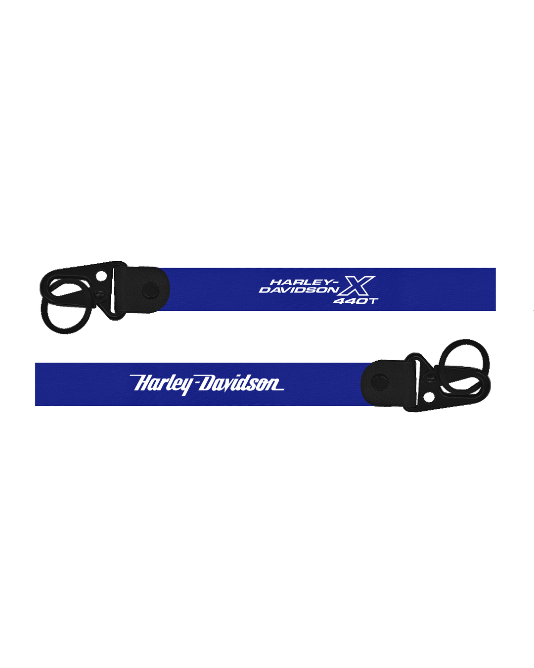 Two blue Harley Davidson lanyards with black clasps on a white background