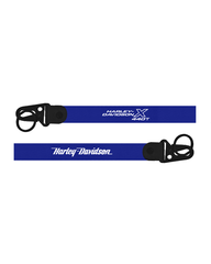 Two blue Harley Davidson lanyards with black clasps on a white background