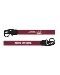 Two red lanyards with black clasps and 'Harley Davidson' branding on a white background.