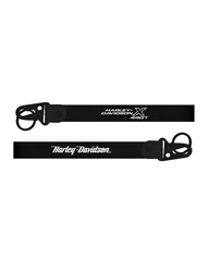 Two black Harley Davidson belts on a white background