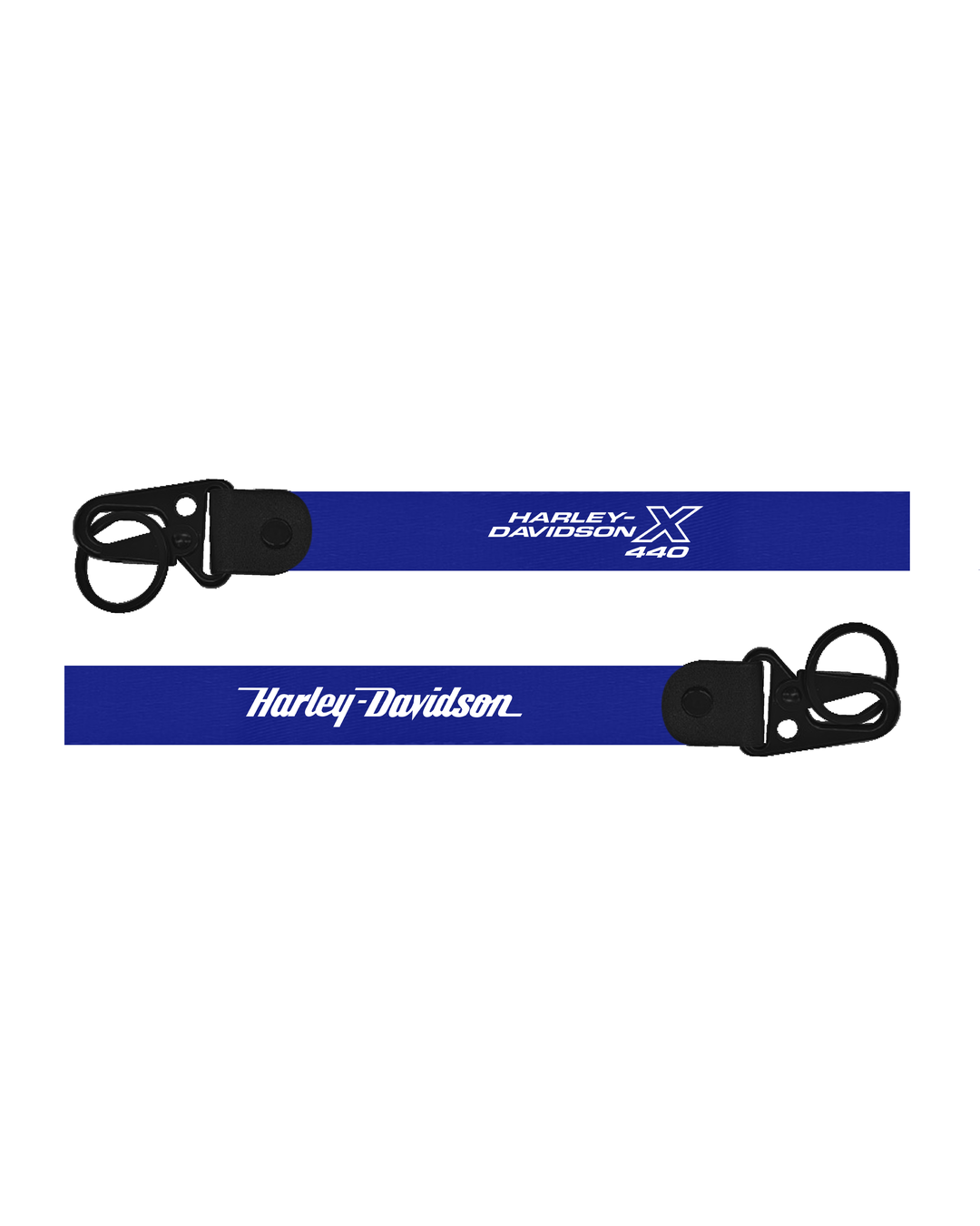 Two blue Harley Davidson lanyards with black clasps on a white background