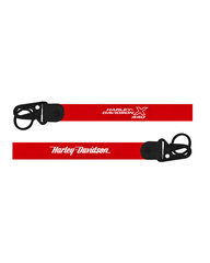 Red lanyard with black clip featuring Harley-Davidson logo on a white background