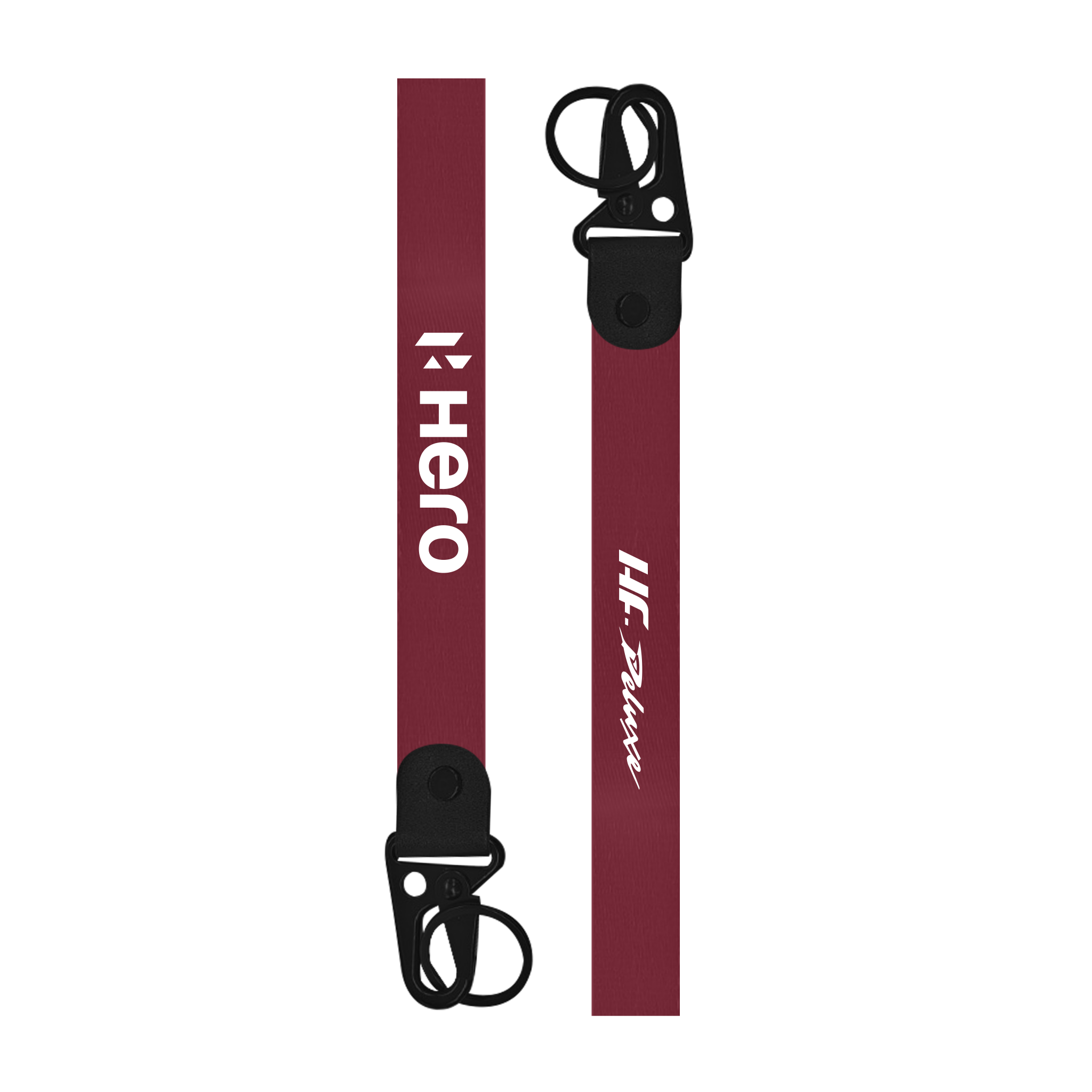 Maroon lanyard with 'Hero' and 'HF Deluxe' branding on a white background