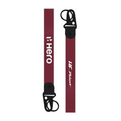 Maroon lanyard with 'Hero' and 'HF Deluxe' branding on a white background