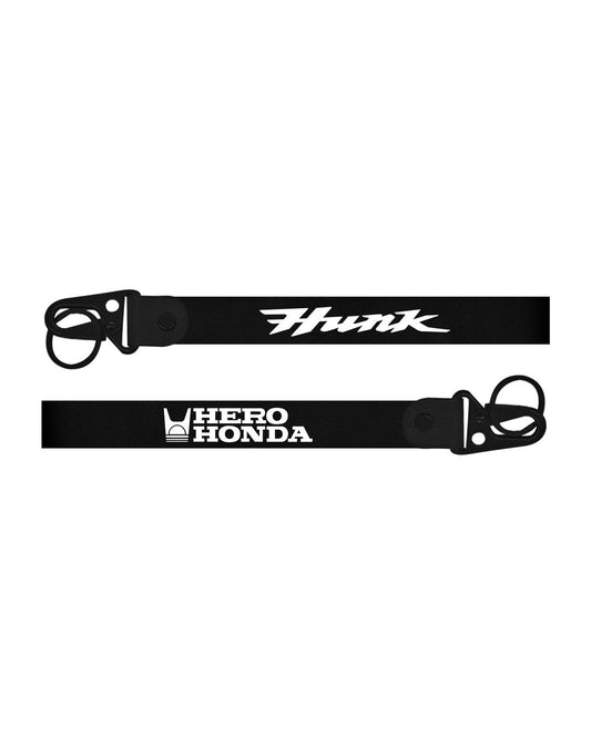Two black lanyards with 'Hunk' and 'Hero Honda' branding on a white background