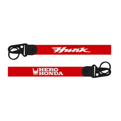 Hero Honda Hunk Keychain Red lanyard with black hooks featuring 'Hunk' and 'Hero Honda' logos on a white background.