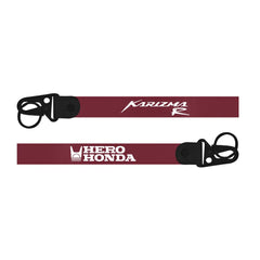 Hero Honda Karizma R Keychain Two red lanyards with black ends featuring 'Hero Honda' and 'Karizma R' logos on a white background.