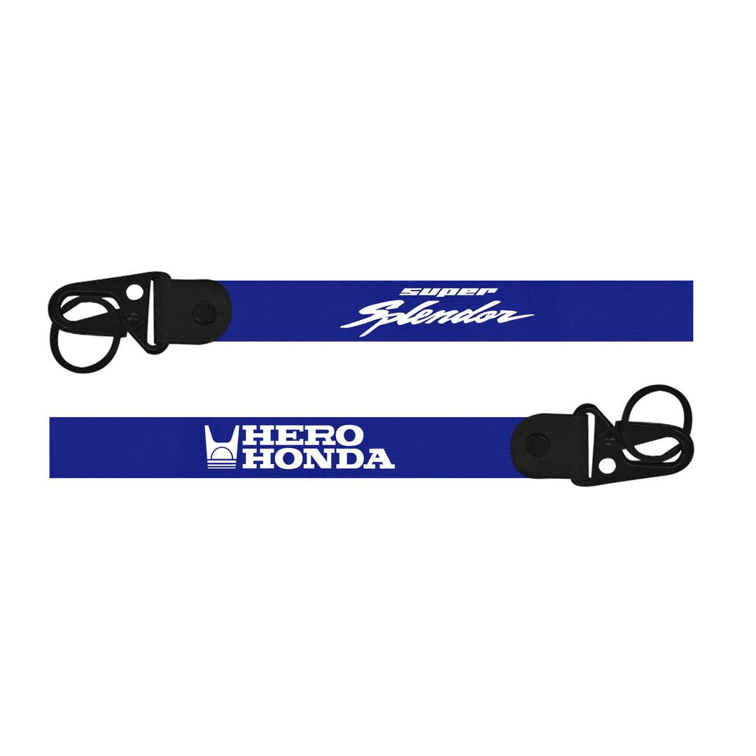 Hero Honda Super Splendor Keychain Two blue lanyards with black buckles featuring 'Super Biker' and 'Hero Honda' logos on a white background.