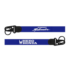Hero Honda Super Splendor Keychain Two blue lanyards with black buckles featuring 'Super Biker' and 'Hero Honda' logos on a white background.