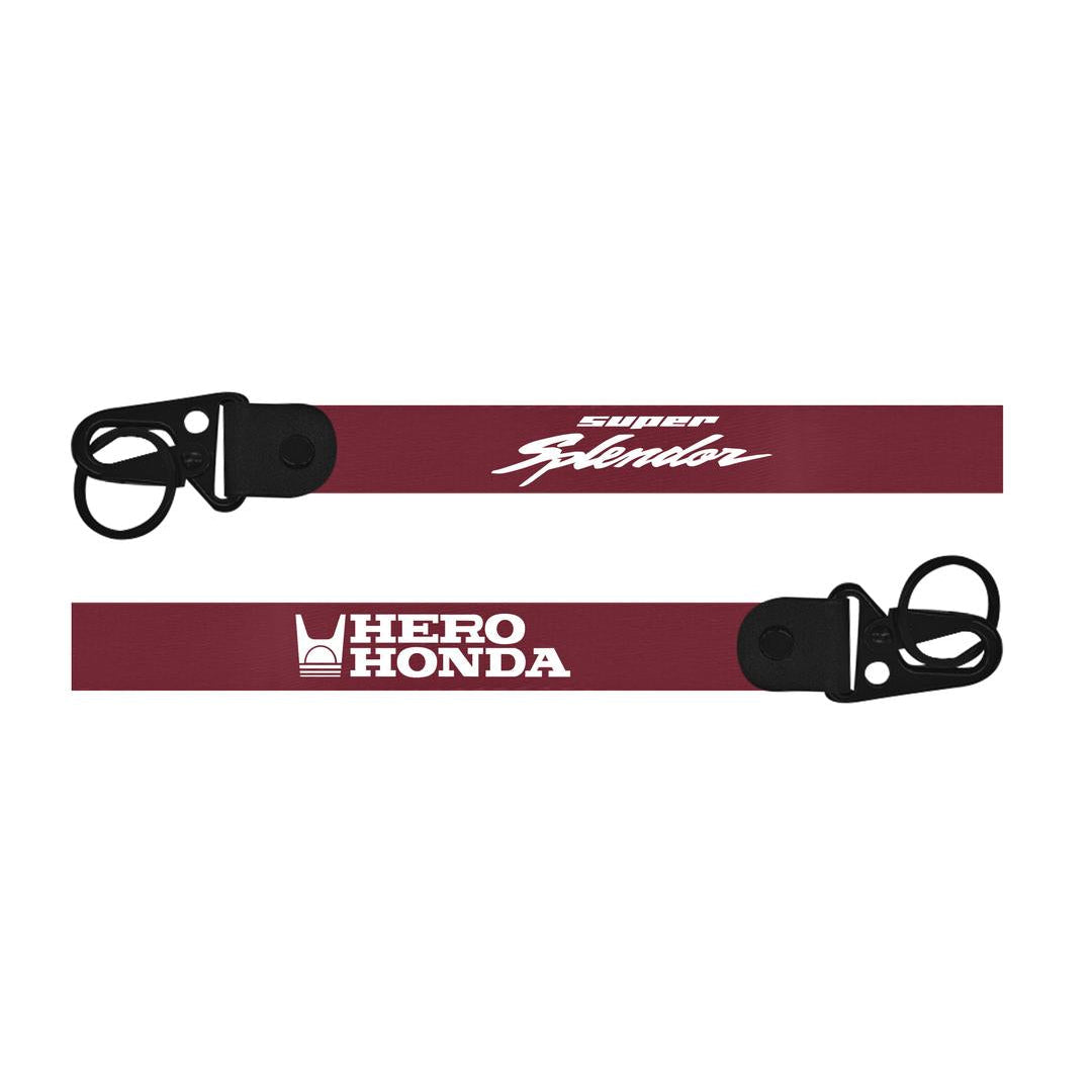 Two red lanyards with black ends featuring 'Super Splendor' and 'Hero Honda' logos on a white background.