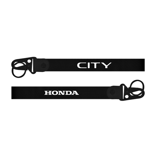 Two black lanyards with 'CITY' and 'Honda' text on a white background