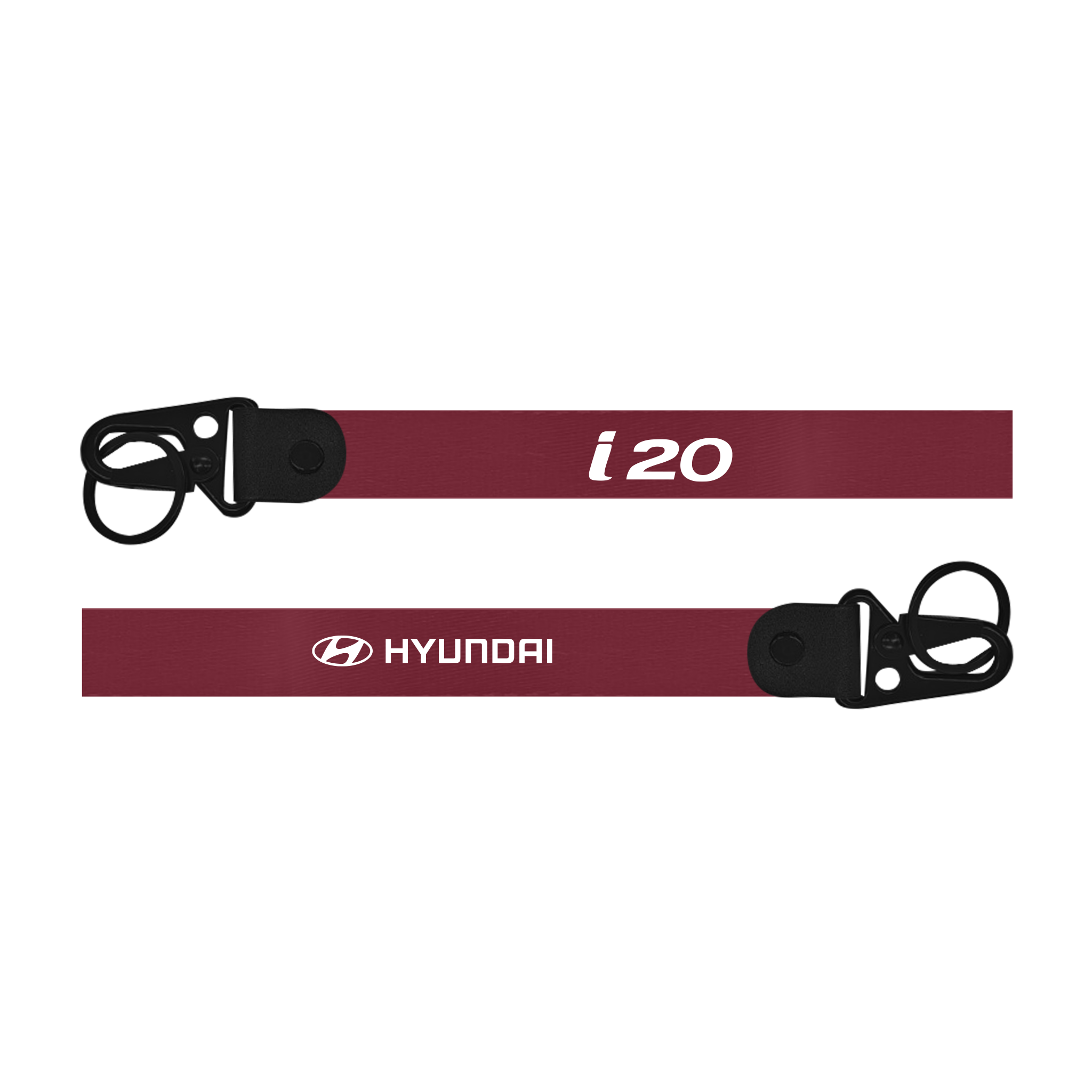 Maroon carabiner with 'i20' and Hyundai logo on a white background