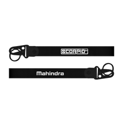 Two black straps with 'Scorpio' and 'Mahindra' branding on a white background