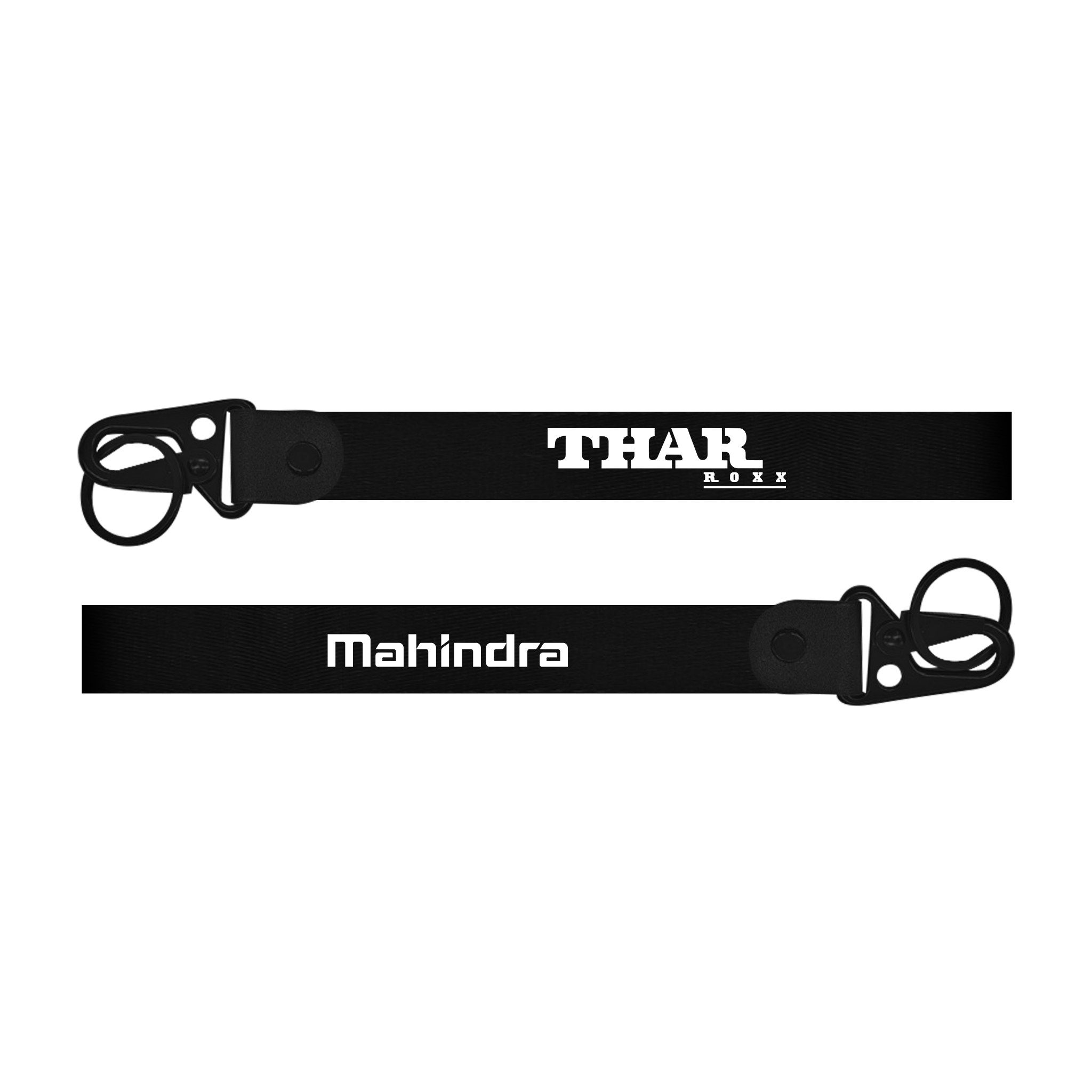 Two black lanyards with 'THAR' and 'Mahindra' branding on a white background