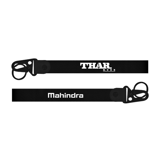 Two black lanyards with 'THAR' and 'Mahindra' branding on a white background