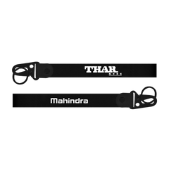 Two black lanyards with 'THAR' and 'Mahindra' branding on a white background