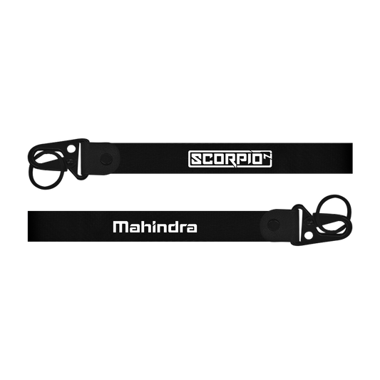 Two black straps with 'Scorpio' and 'Mahindra' branding on a white background
