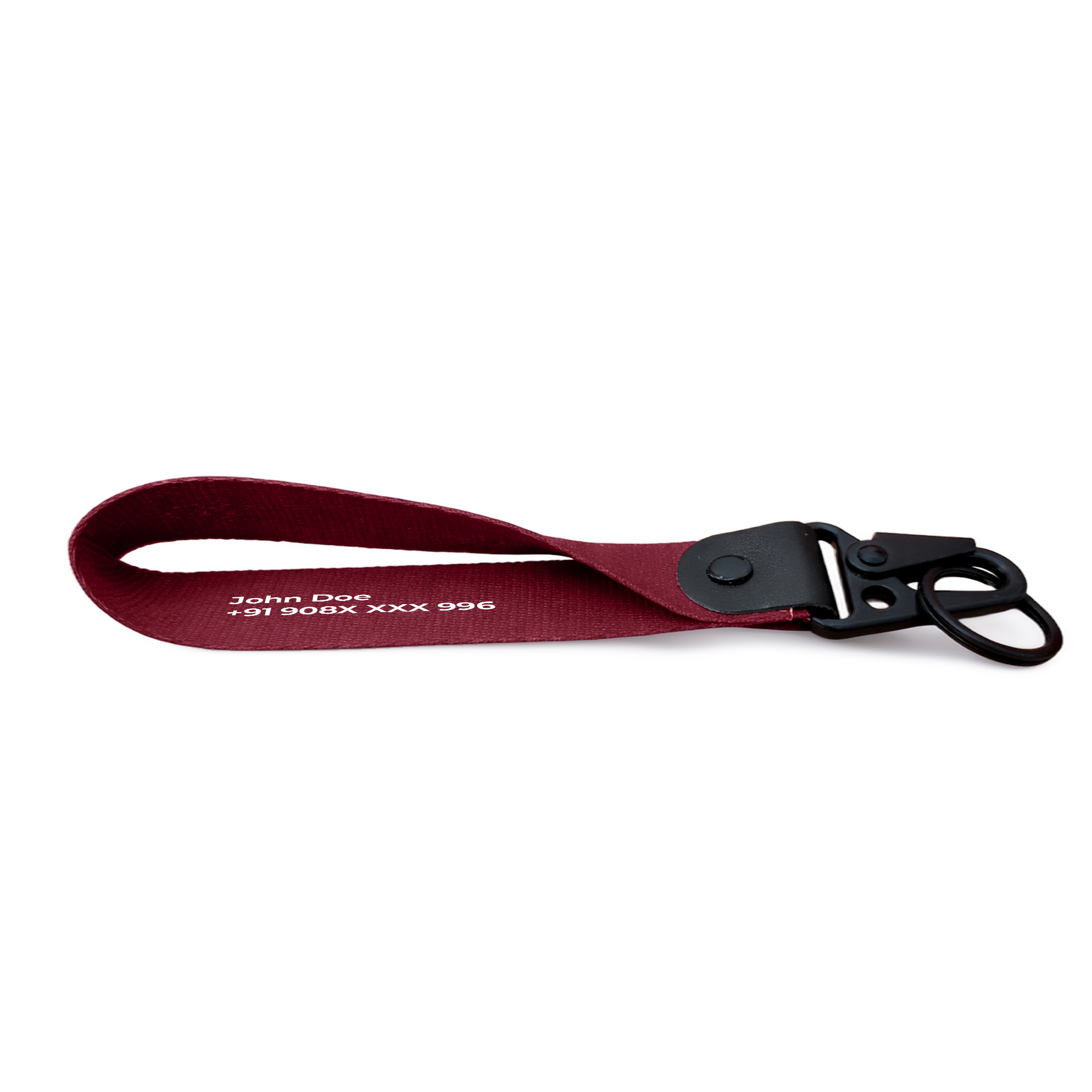 Maroon colour custom bike keychain strap with printed name and phone number, strong hook personalized keychain