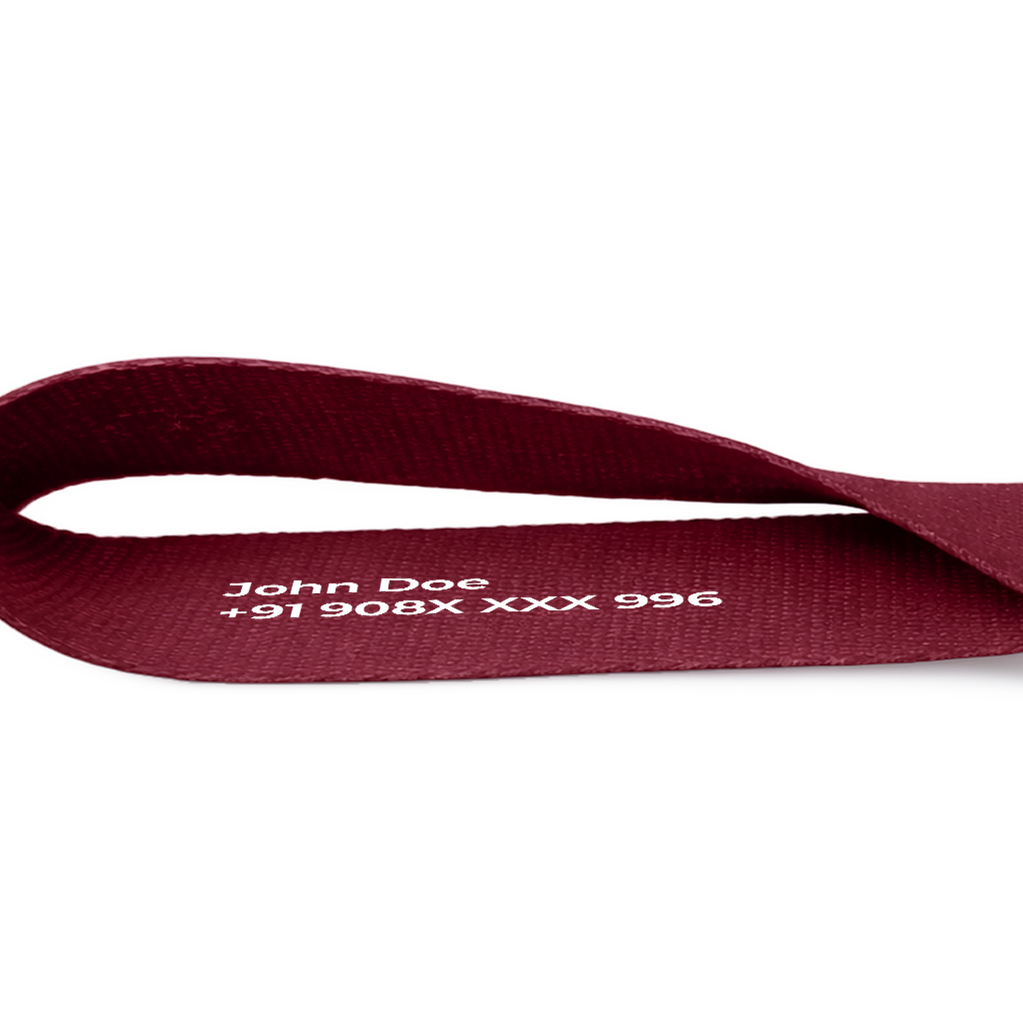 Maroon keychain strap with name and phone number printed