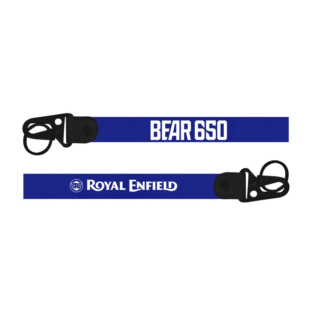 Two blue straps with 'Bear 650' and 'Royal Enfield' text on a white background
