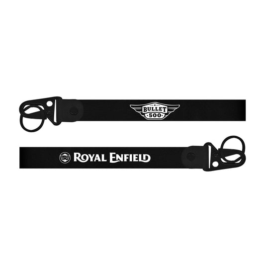 Royal Enfield Bullet 500 Keychain Two black keychains with Royal Enfield logos on a white background