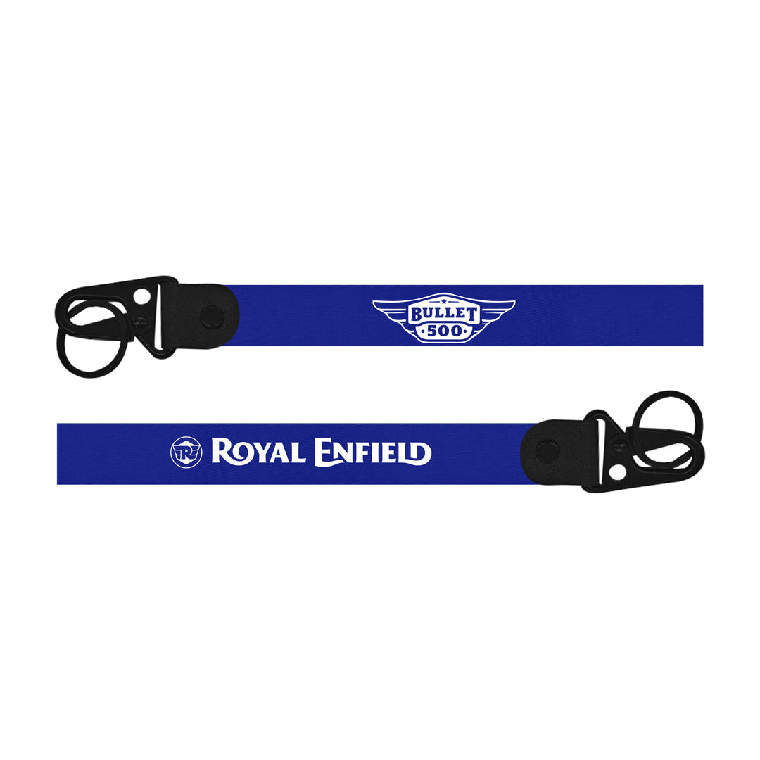 Two blue keychains with black clasp featuring Royal Enfield branding on a white background.