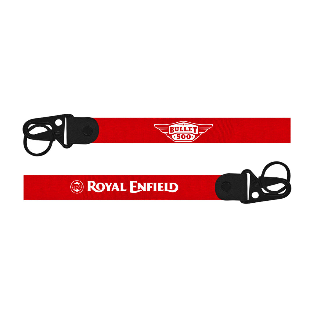 Royal Enfield Bullet 500 Keychain Two red lanyards with black clips featuring Royal Enfield logos on a white background.