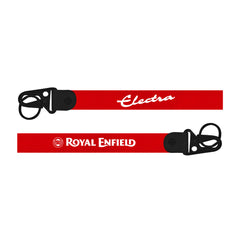Red lanyard with 'Electra' and 'Royal Enfield' branding on a white background