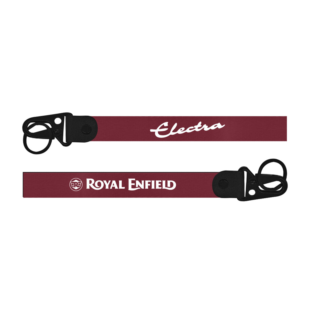 Two maroon lanyards with 'Electra' and 'Royal Enfield' branding on a white background.