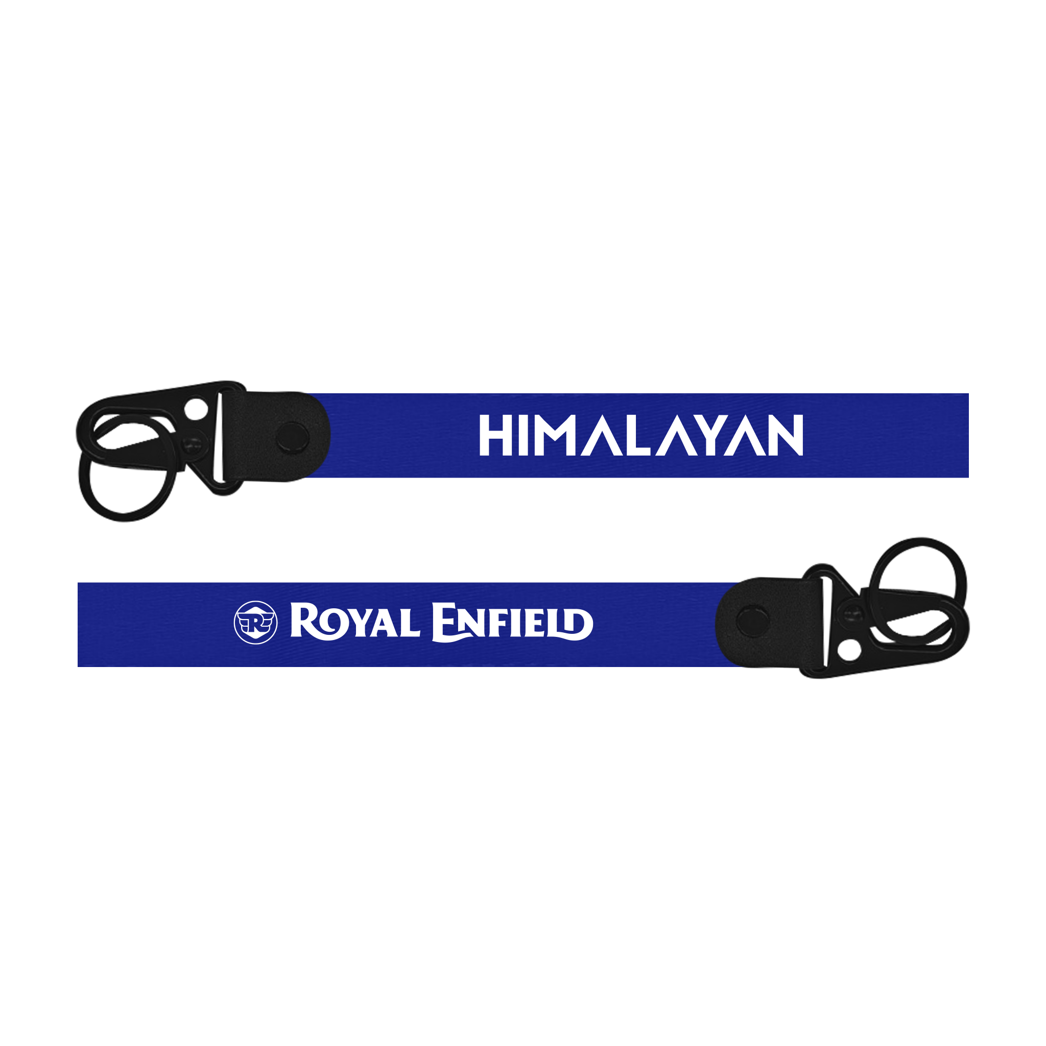 Two blue straps with 'Himalayan' and 'Royal Enfield' branding on a white background.