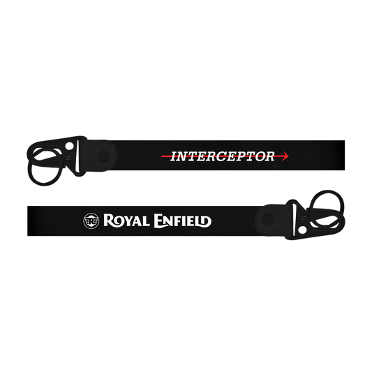 Two black lanyards with 'Interceptor' and 'Royal Enfield' branding on a white background