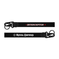 Two black lanyards with 'Interceptor' and 'Royal Enfield' branding on a white background