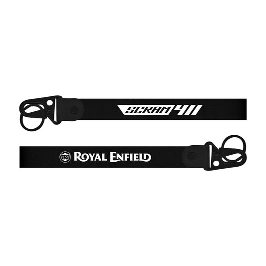 Two black lanyards with 'Scram 411' and 'Royal Enfield' branding on a white background.