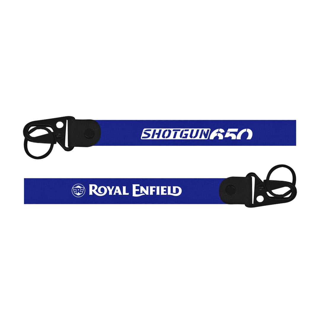 Two blue lanyards with 'Shotgun R50' and 'Royal Enfield' branding on a white background.